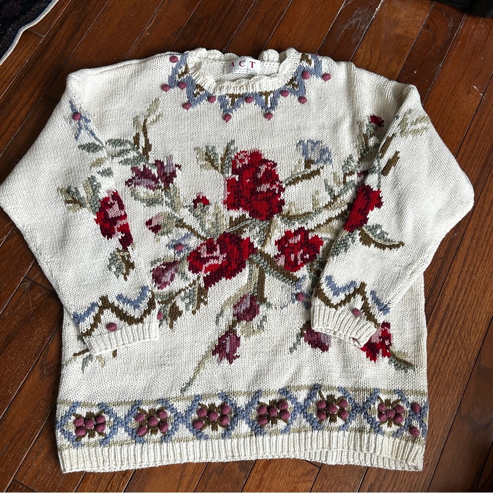 STUNNING Vintage Silk/Cotton Knit Sweater Floral Rose with 3-D Pom Poms
